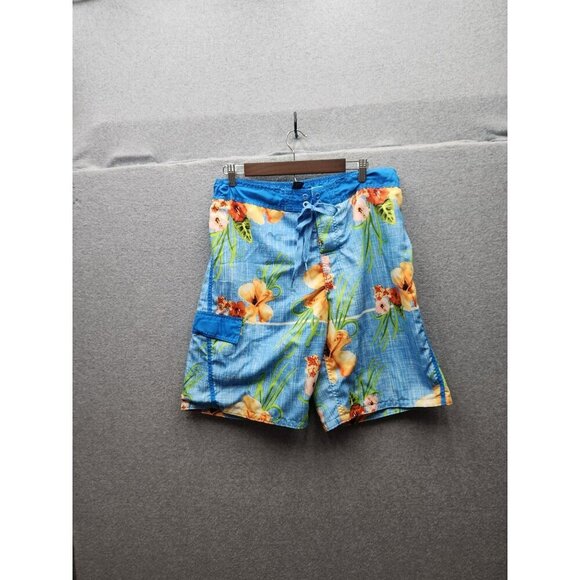 Mens OP Blue Hawaiian Floral Swim Trunks M (32-34) Polyester Lightweight - Picture 1 of 8